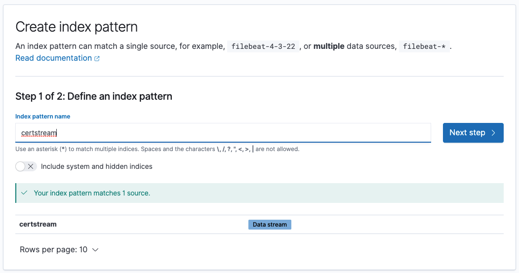 Create Index Pattern - Name